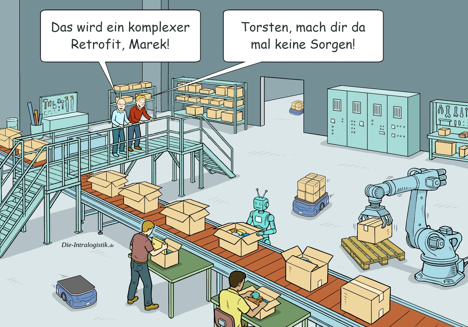 Illustration einer Anlage in der Intralogistik bei der Abstimmung vor einem Retrofit oder einer Modernisierung
